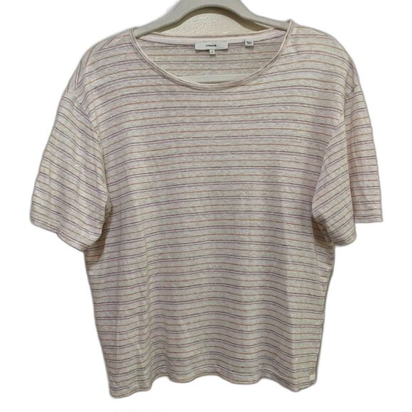 Vince Short Sleeve Striped Line  Tee - Cream brown orange pink size large - Picture 1 of 7